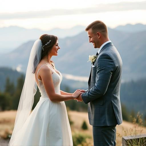 A panoramic shot of a bride and groom exchanging vows during an outdoor wedding ceremony in the Pacific Northwest, with mountains in the background.
