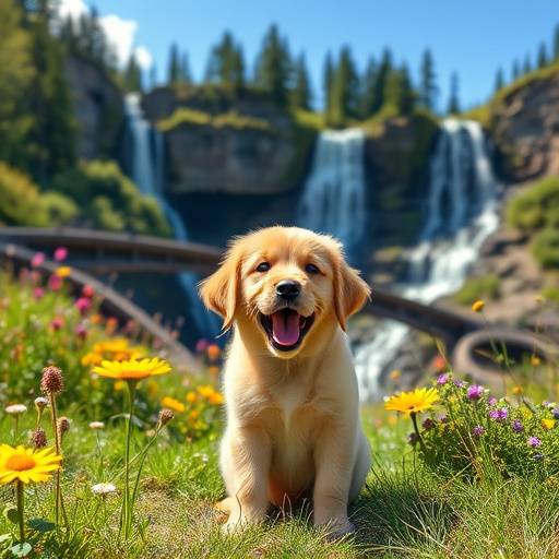 Adorable pet photography session of a golden retriever puppy playing in a field of wildflowers near Snoqualmie Falls.