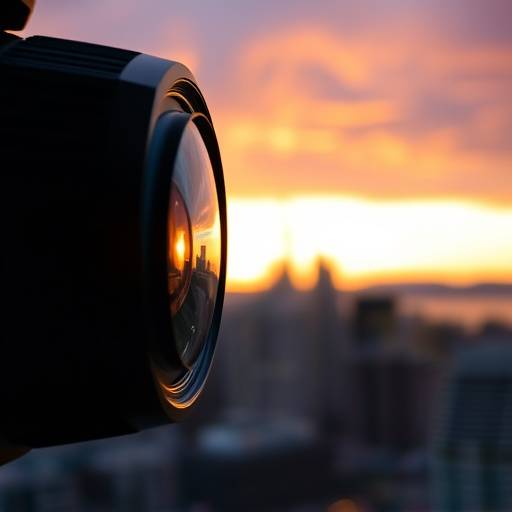 Close-up of a professional camera lens focused on a blurred cityscape at sunset in Seattle.