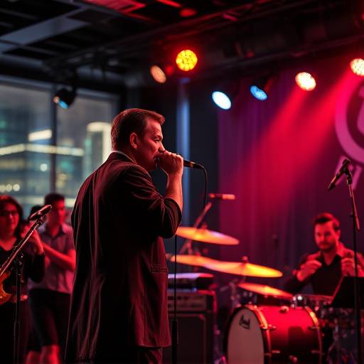 Dynamic shot of a live band performing at a corporate event in downtown Seattle, focusing on the lead singer.