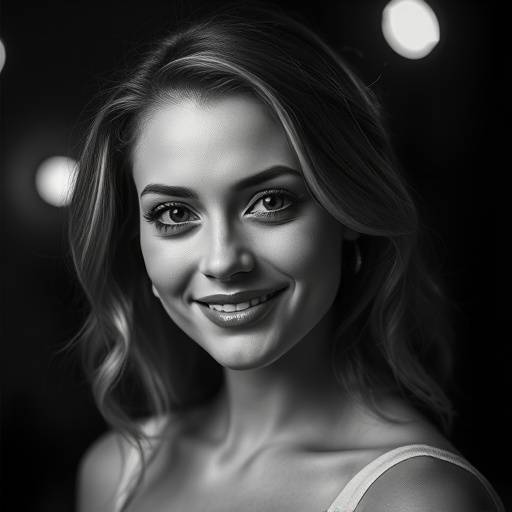 Elegant black and white portrait of a woman smiling softly in a dimly lit studio setting.