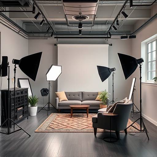 Interior view of the Azure Lens Studios in Seattle, showcasing professional lighting equipment and a comfortable portrait session setup.