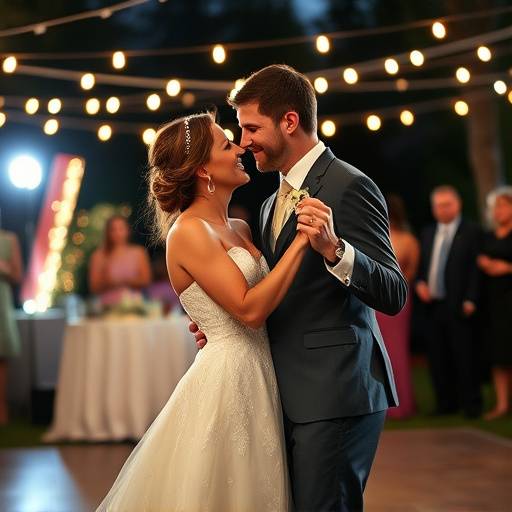 Joyful wedding couple embracing during their first dance at an outdoor Seattle venue, with fairy lights in the background.
