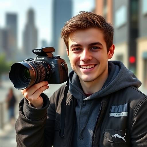 Portrait of Ben Carter, a young and enthusiastic photographer with a camera in hand, standing in front of a city backdrop.