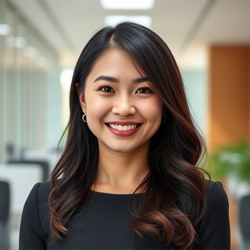 Portrait of Olivia Chen, a skilled photo editor and digital artist, smiling confidently in a brightly lit office.